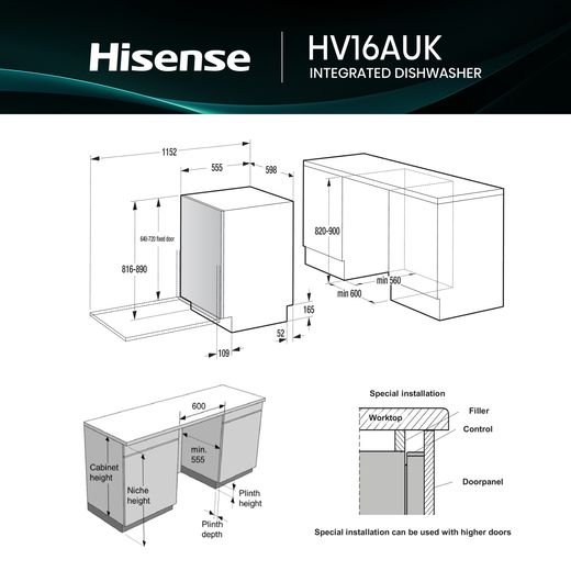 Hisense HV16AUK Full-Size Fully Integrated Dishwasher - Dimensions