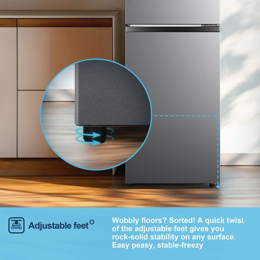 Fridgemaster MTM48120ES 117cm 80/20 Small Fridge Freezer - Silver  - Annotation - Adjustable feet shot