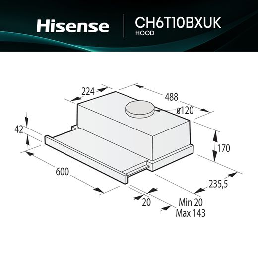 Hisense CH6T10BXUK Telescopic Cooker Hood Stainless Steel - Dimensions