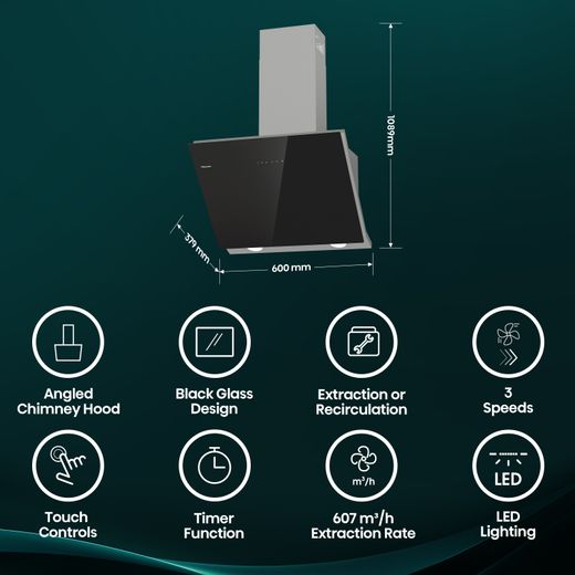 Hisense CH6IN14BXBUK 60cm Angled Chimney Cooker Hood - Jet Black - Annotation - Features