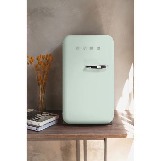 FAB5RPG6 40cm Small 50s Style Right Hand Hinged Minibar Pastel Green - Fridge on table shot 