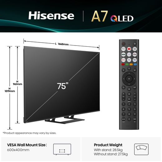 Hisense A7Q 75" 4K Ultra HD QLED Smart Freely TV - Annotation - Dimension shot