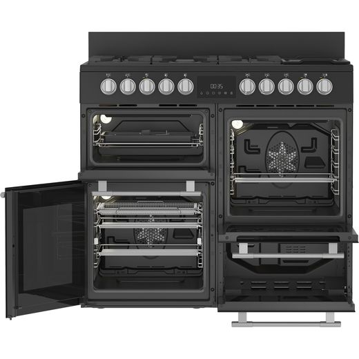 Hotpoint RH100FA21BB 100cm wide Dual Fuel Range Cooker with Gas Hob - Blackout  - front with door open shot