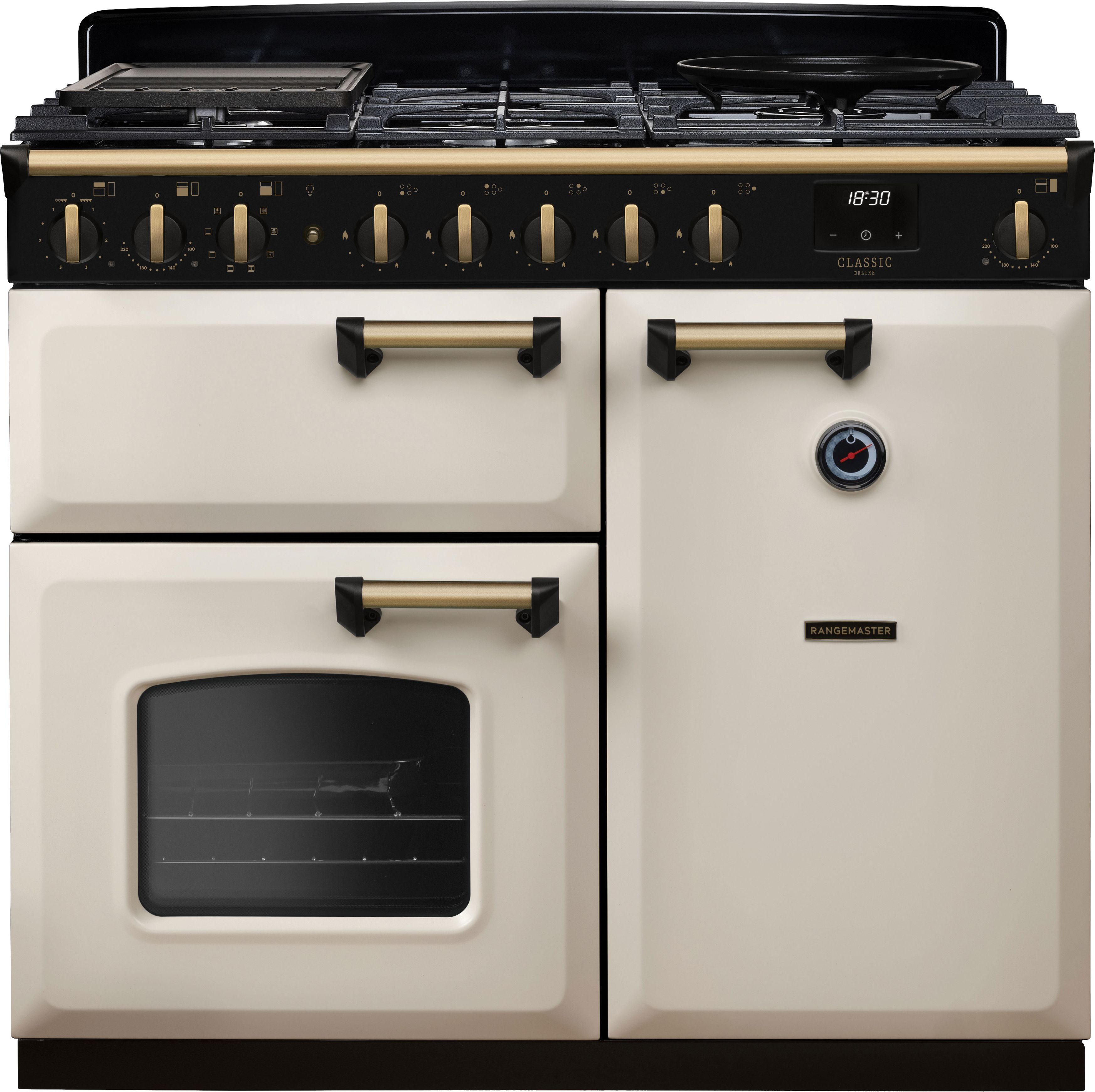 Image of Rangemaster Classic Deluxe 100 Dual Fuel CLDL100DFPPCR/AB1 100cm wide Dual Fuel Range Cooker with Gas Hob - Cream / Antique Brass - A Rated, Cream