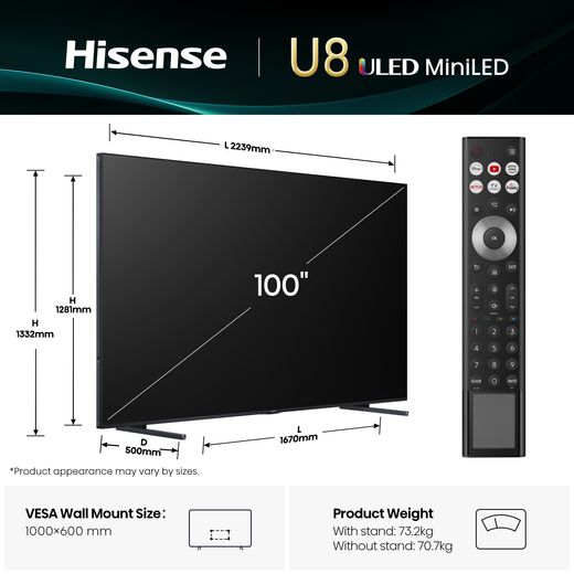 Hisense U8Q 100" 4K Ultra HD Smart Freely TV - Dimensions