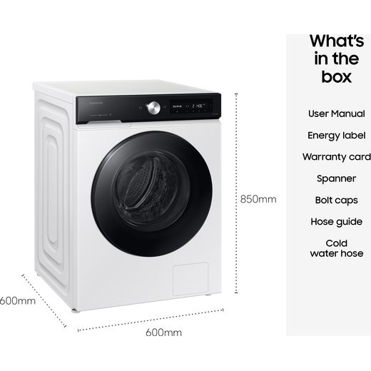 Samsung Series 7 AI Energy ecobubble™ WW11DB7B94GEU1 11kg WiFi Connected Washing Machine with 1400 rpm - White - Dimensions
