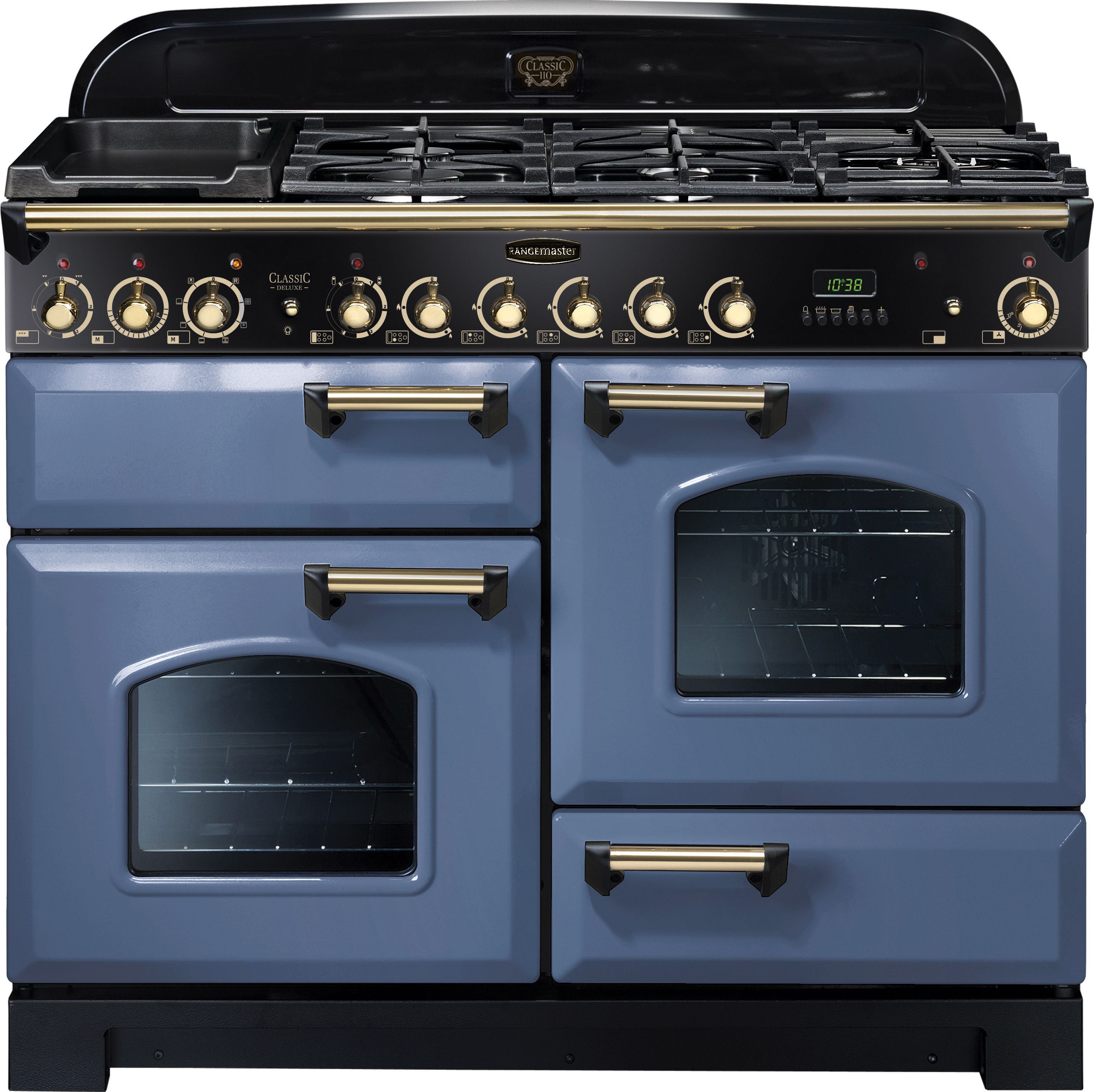 Rangemaster Classic Deluxe CDL110DFFSB/B 110cm Dual Fuel Range Cooker - Stone Blue / Brass - A/A Rated, Blue