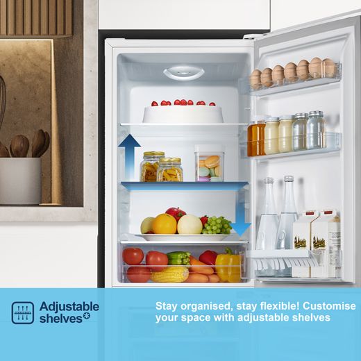 Fridgemaster MC50165E 143cm 60/40 Small Fridge Freezer - White - Annotation - Adjustable shelves shot