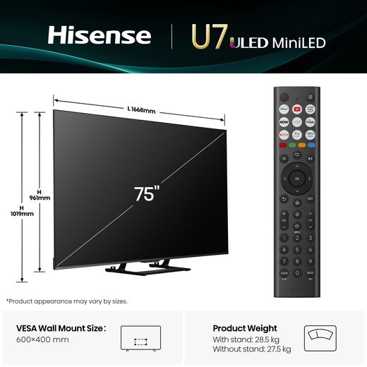 Hisense U7Q 75" 4K Ultra HD Smart TV - Dimensions
