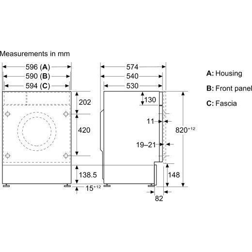 Bosch Series 4 WKD28260GB Integrated 8Kg / 5Kg Washer Dryer with 1400 rpm - White - annotation - dimension shot 