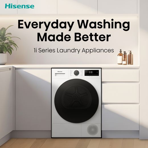 Hisense 1i KitchenFit Series DH1I900UWDCA 9Kg Heat Pump Tumble Dryer - White - annotation - every day better washing shot