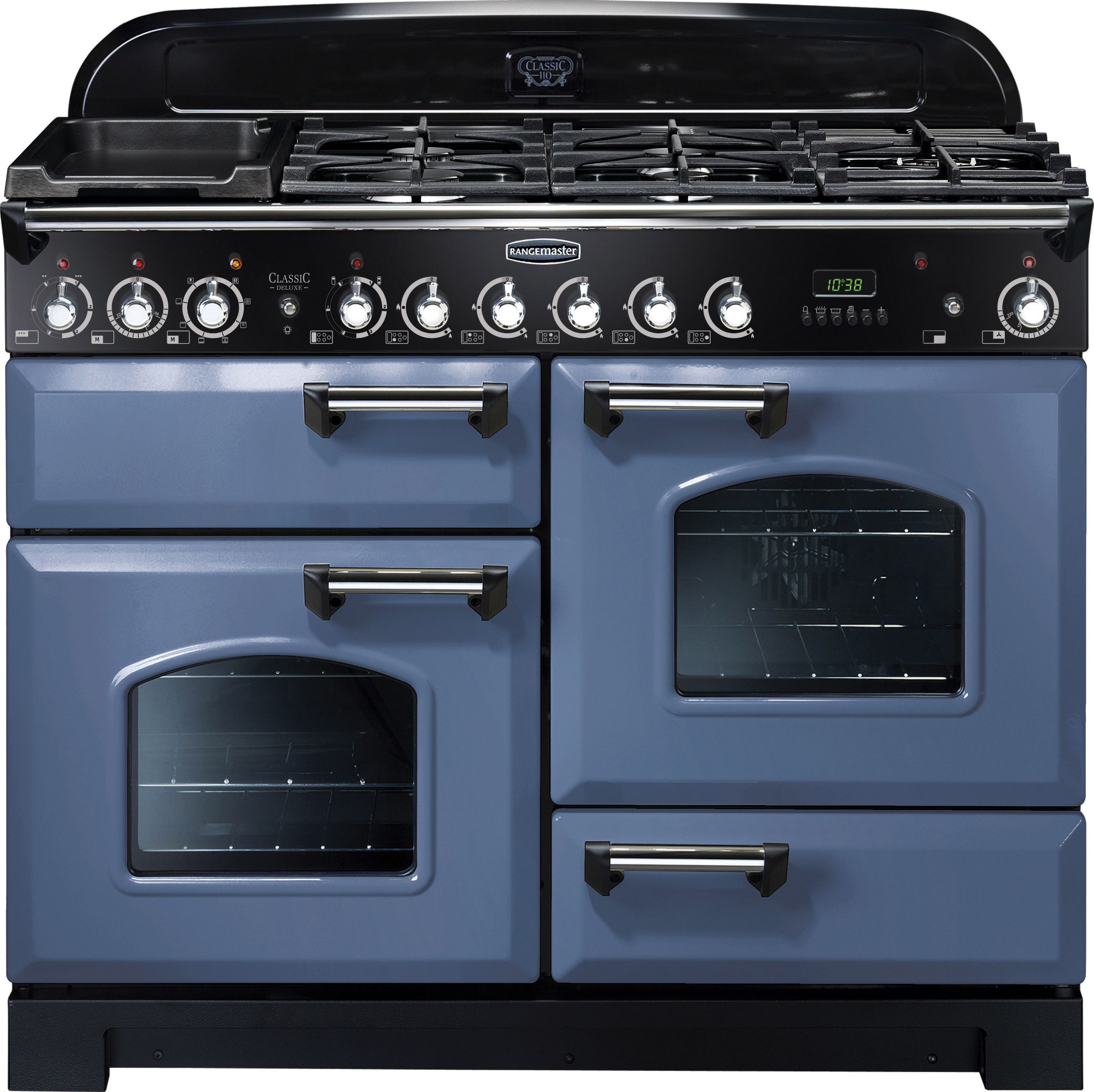 Rangemaster Classic Deluxe CDL110DFFSB/C 110cm Dual Fuel Range Cooker - Stone Blue / Chrome - A/A Rated, Blue