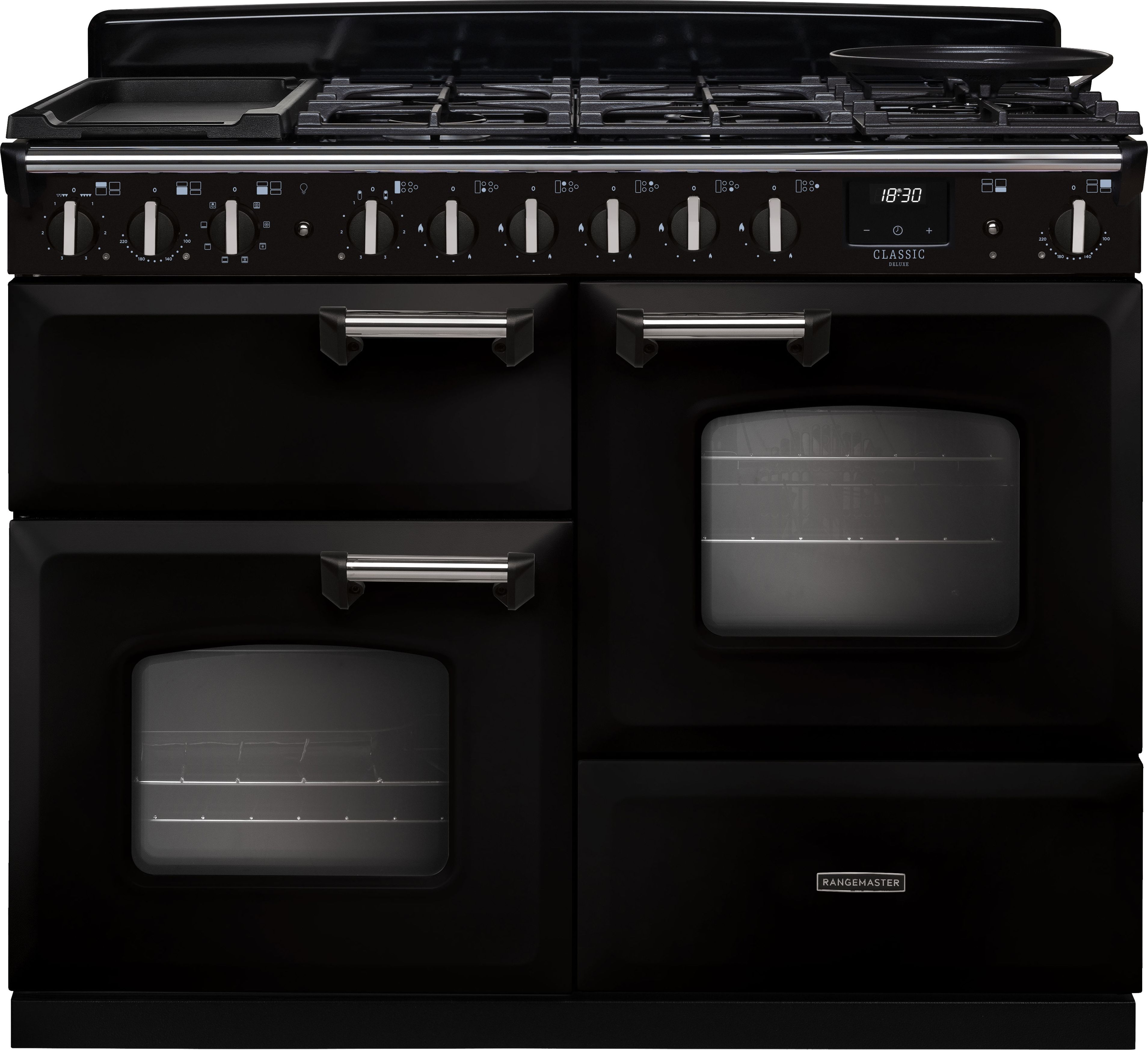 Image of Rangemaster Classic Deluxe 110 CLDLO110DFPGBL/CM1 110cm wide Dual Fuel Range Cooker with Gas Hob - Black / Chrome - A Rated, Black