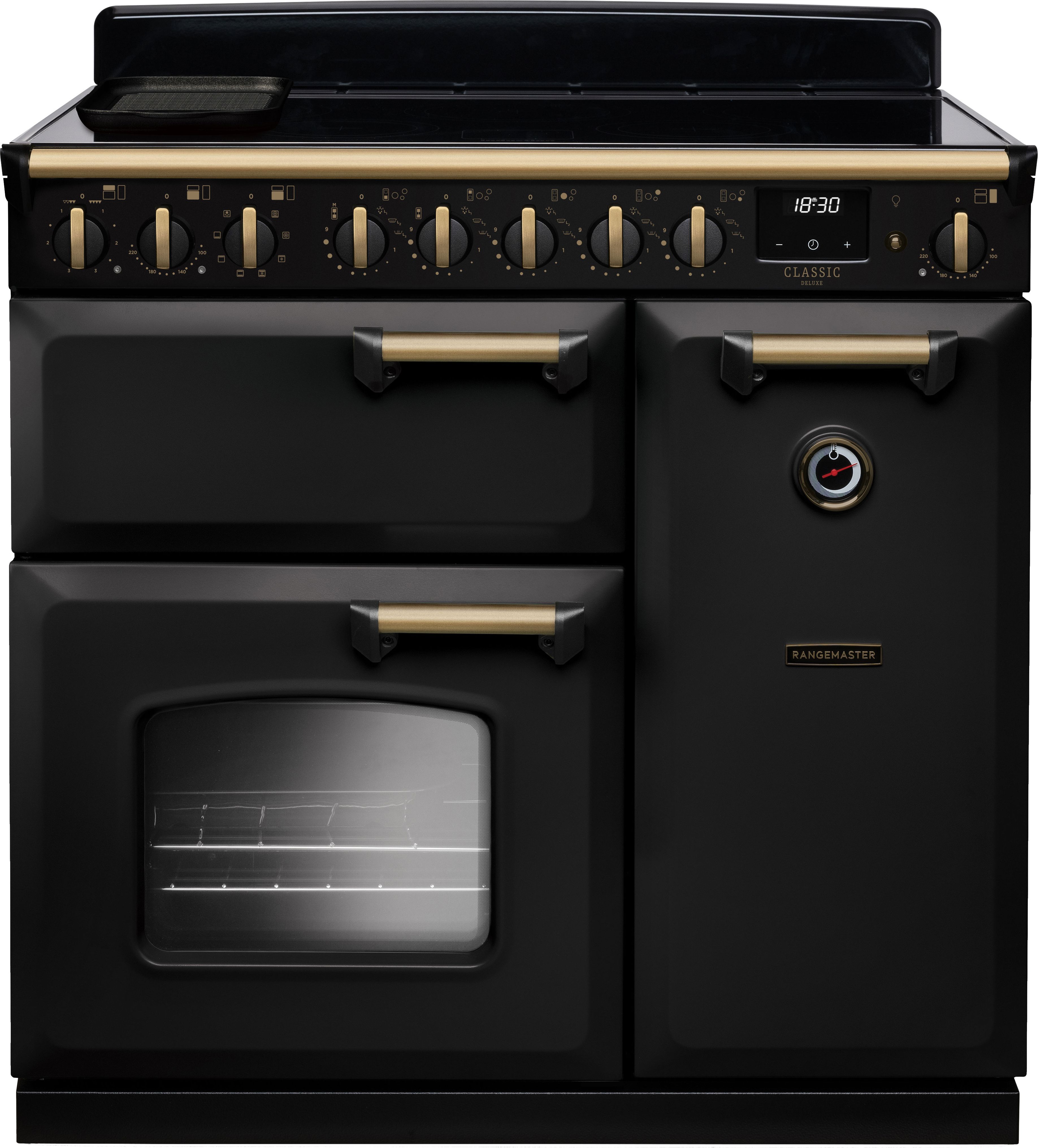 Image of Rangemaster Classic Deluxe CLDL90EIPCBL/AB1 90cm wide Electric Range Cooker with Induction Hob - Charcoal Black / Antique Brass - A/A Rated, Black