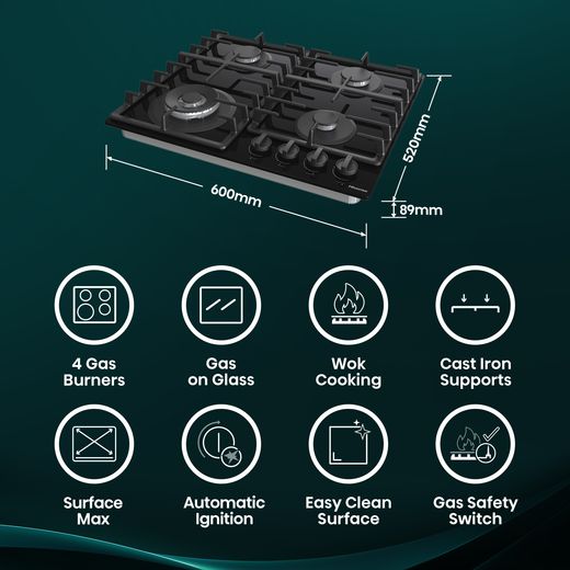 Hisense GG663BHF 60cm Gas Hob - Black - Annotation - Feature shot