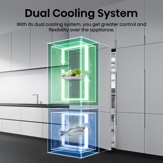 Hisense RB3B250SAWE1 177cm 70/30 Integrated Frost Free Fridge Freezer with Sliding Door Fixing Kit - White - Annotation - Dual cooling system shot