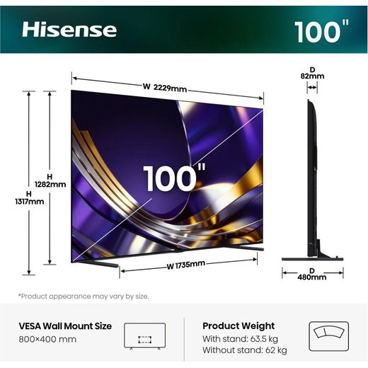 Hisense 100" 4K Ultra HD Smart Freely TV [2026] - 100U7STUK PRO - annotation - dimension shot 