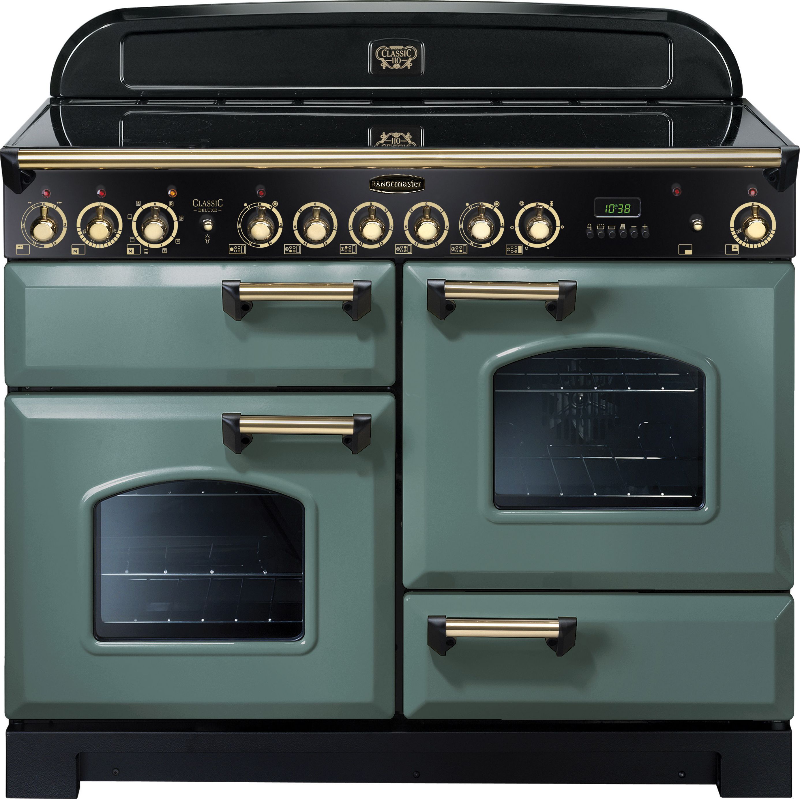 Rangemaster Classic Deluxe CDL110ECMG/B 110cm Electric Range Cooker with Ceramic Hob - Mineral Green / Brass - A/A Rated, Green
