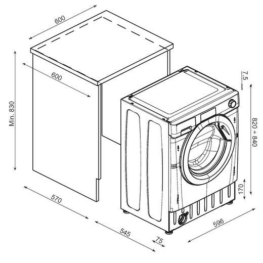 Candy Integrated 9Kg / 6Kg Washer Dryer - White / Black - Dimensions