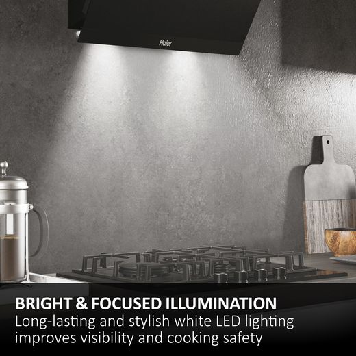 Haier I-Link HADG9CBS4BWIFI Wifi Connected 90cm Angled Chimney Cooker Hood - Black - Annotation - LED lighting shot 