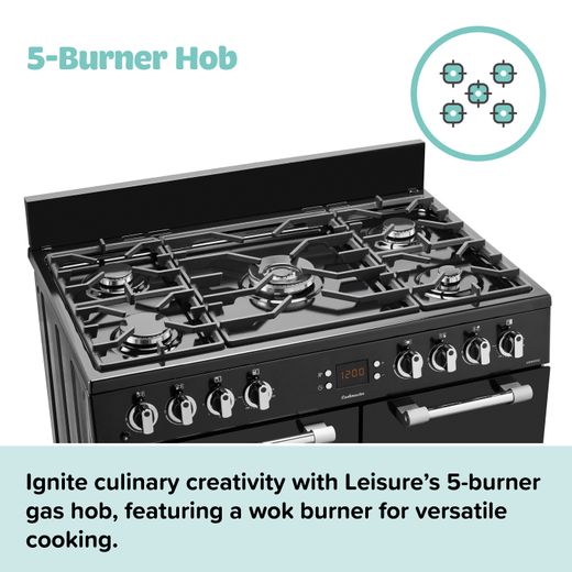 Leisure Chefmaster 90cm Dual Fuel Range Cooker - Black - Annotation - 5 burner hob