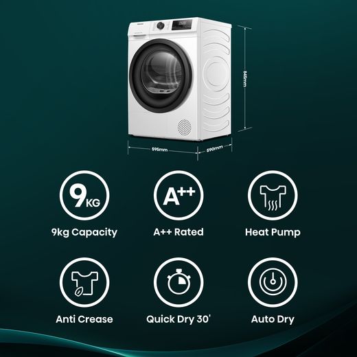 Hisense 1 Series DH1Q902BW2 9Kg Heat Pump Tumble Dryer - White - Annotation - Features