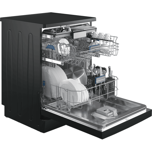 Beko b300 Standard Dishwasher - angled shot of door open with crockery inside