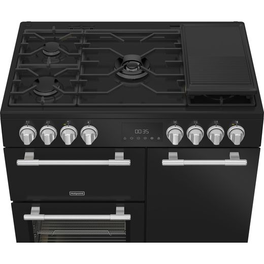 Hotpoint RH90FA20B 90cm wide Dual Fuel Range Cooker with Gas Hob - Black - top hob view