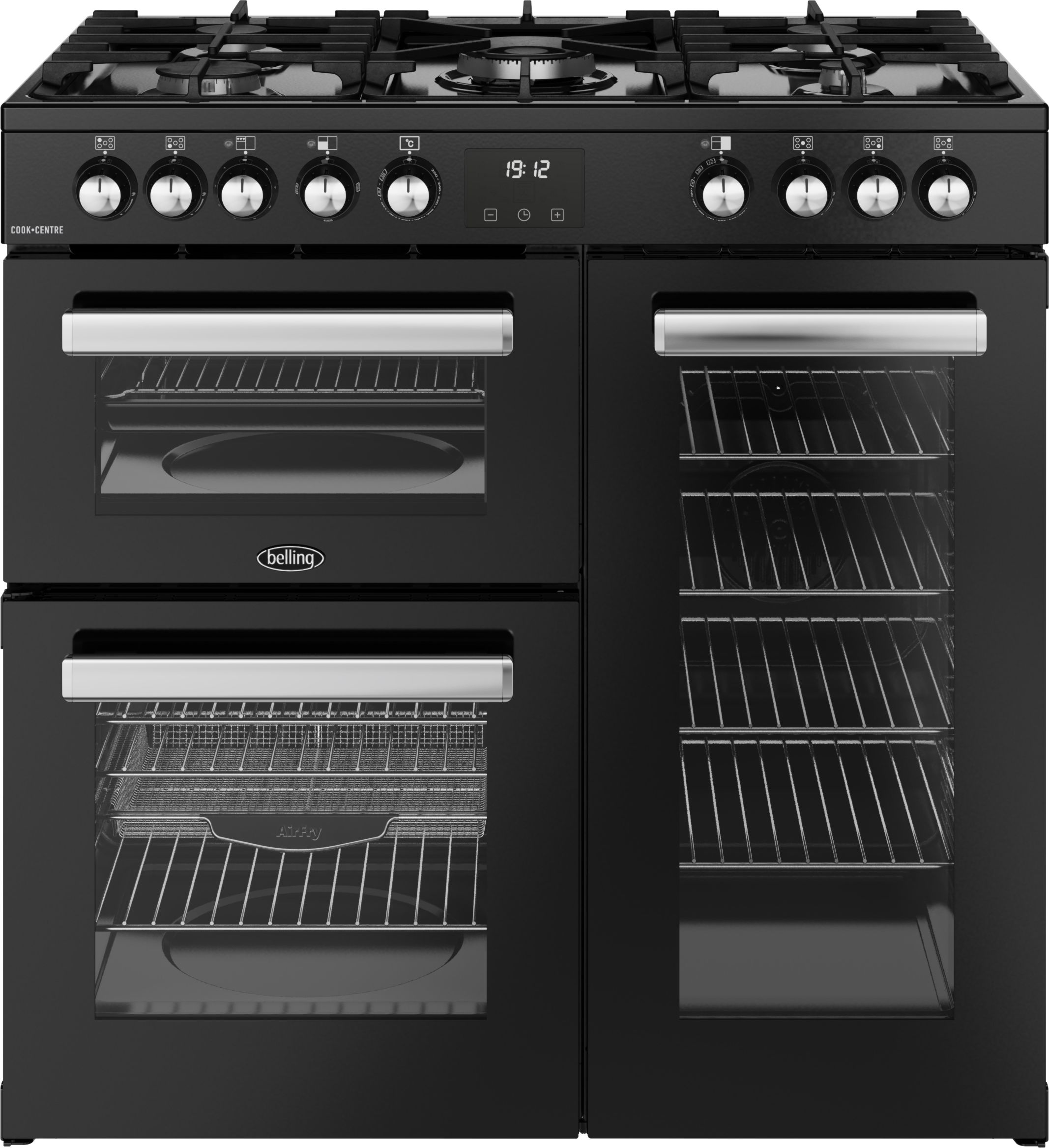 Image of Belling CookCentre 90DF 90cm wide Dual Fuel Range Cooker with Gas Hob - Black - A/A Rated, Black