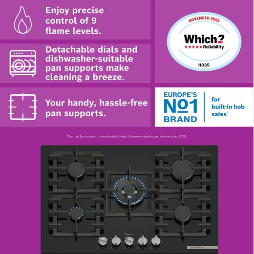 Bosch Series 6 PPQ7A6I40 75cm Gas Hob - Black - annotation - feature shot