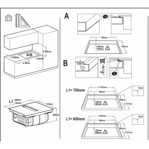 Elica NikolaTesla Fit 70 72cm Venting Induction Hob - Black - Annotation - Dimension shot