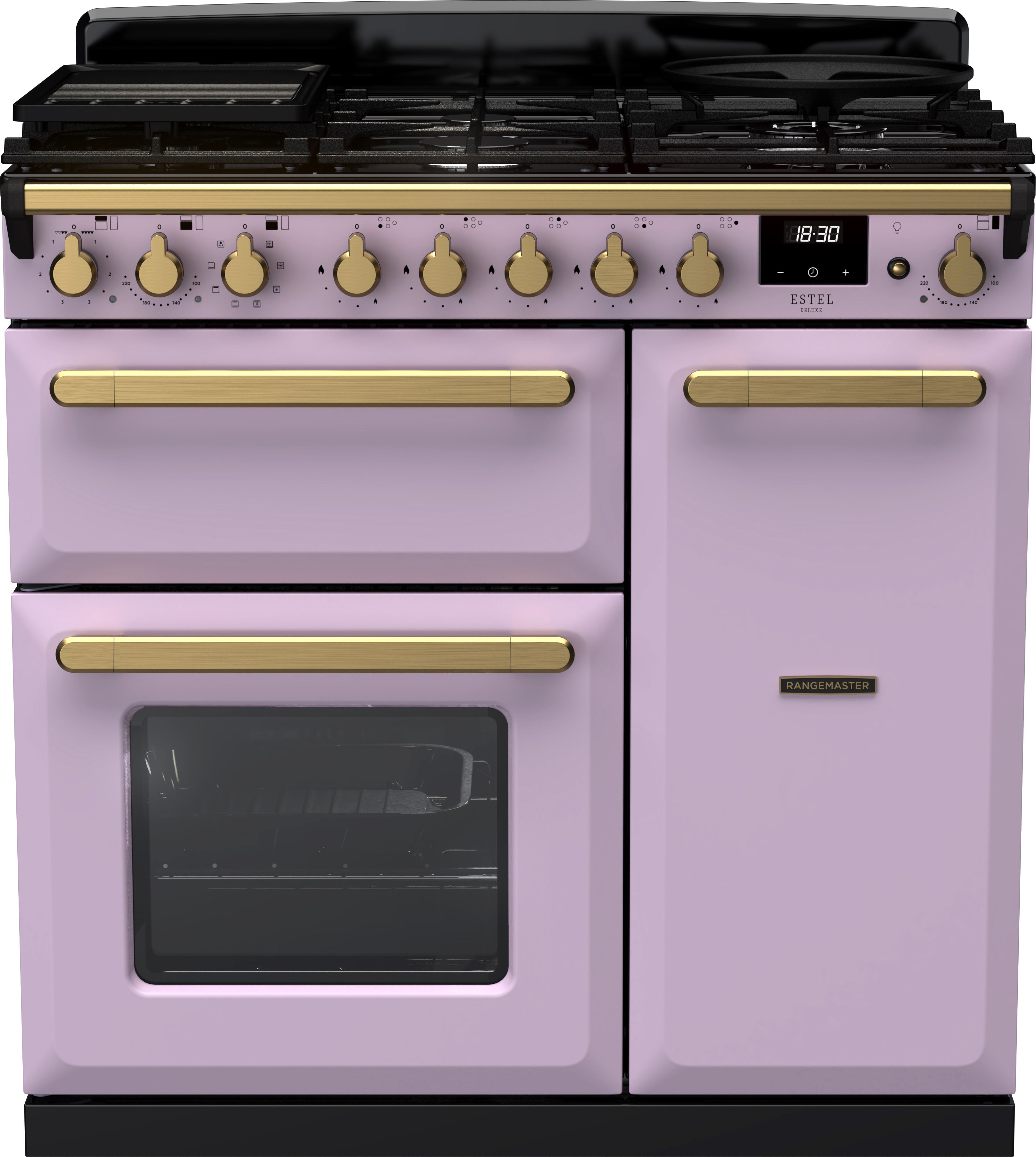 Image of Rangemaster Estel Deluxe ESDL90DFPHTH/AB1 90cm wide Dual Fuel Range Cooker with Gas Hob - Heather / Antique Brass - A/A Rated, Purple