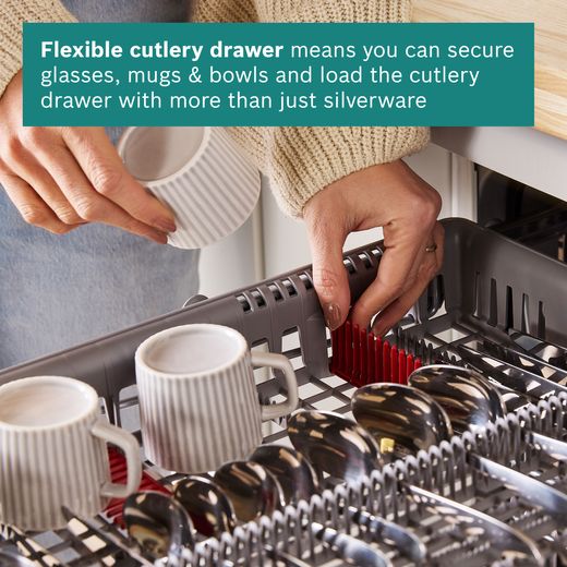 Bosch Series 4 Standard Dishwasher - White - Annotation - Flexible cultry drawerr shot