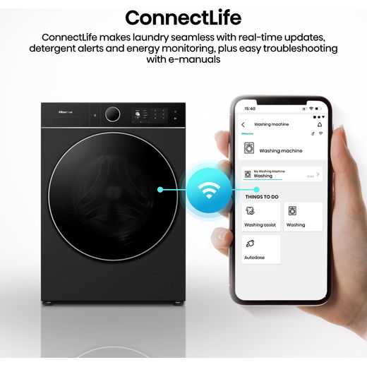 Hisense KitchenFit 5i Series WD5I1245BBRH Wifi Connected / 8Kg Washer Dryer with 1400 rpm - Black - Annotation - connect life shot 