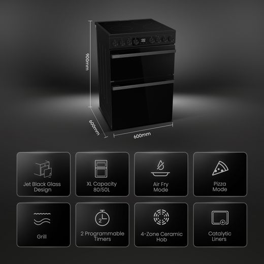 Hisense Hi6 Max HDCEC6C20B 60cm Wide Double Oven Electric Cooker with Ceramic Hob - Jet Black - Annotation - Features