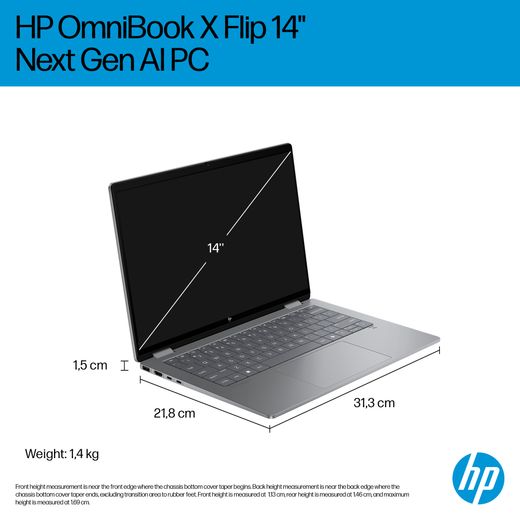 HP 14" Laptop - Intel® Core™ Ultra 7, 1TB SSD, 16 GB RAM - Silver - Dimensions
