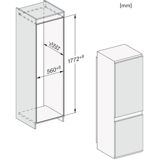 Miele Integrated 70/30 Frost Free Fridge Freezer with Sliding Door Fixing Kit - White - Annotation - Dimension shot