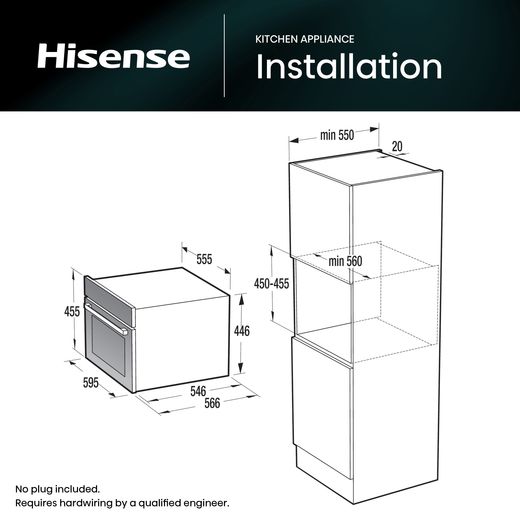 Hisense Hi6 BlackLine BIM45342ADBGUK Built In Compact Electric Single Oven with Microwave Function - Jet Black - Annotation - Dimensions shot