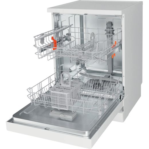 Hotpoint Standard Dishwasher - White - Left perspective with door open shot