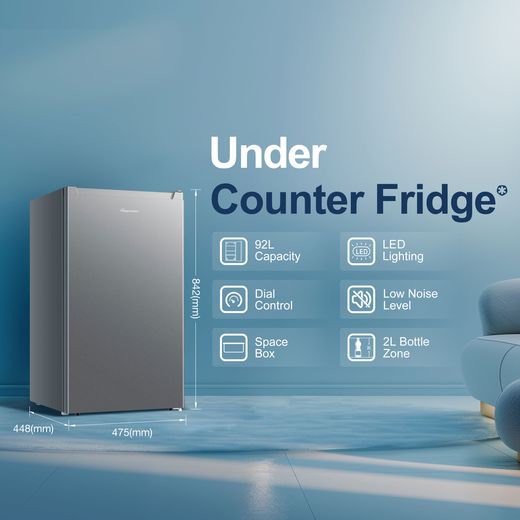Fridgemaster MUL4892ES Compact 84cm Fridge - Silver - Annotation - feature shot