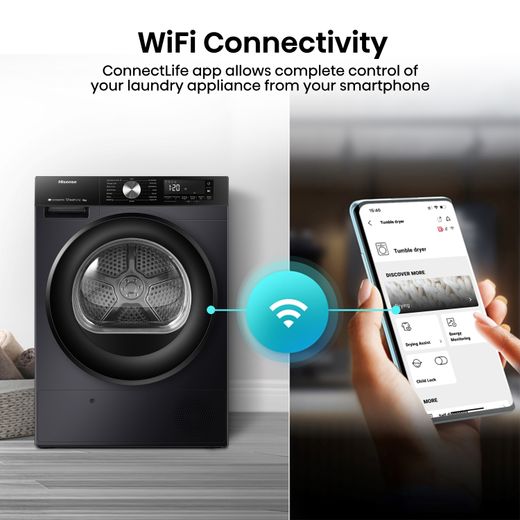 Hisense 3S Series DH3S802BB3 Wifi Connected 8Kg Heat Pump Tumble Dryer - Black - Annotation - WIFI connectivity