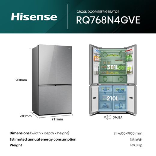 Hisense American Fridge Freezer - Silver Glass - Annotation - Dimensions