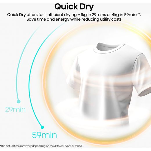 Hisense 3i KitchenFit Series DH3I904UBDC Wifi Connected 9Kg Heat Pump Tumble Dryer - annotation - quick dry