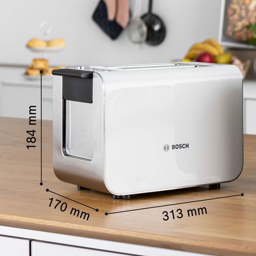 Bosch Styline TAT8611NGB 2 Slice Toaster - White - Annotation - dimension shot
