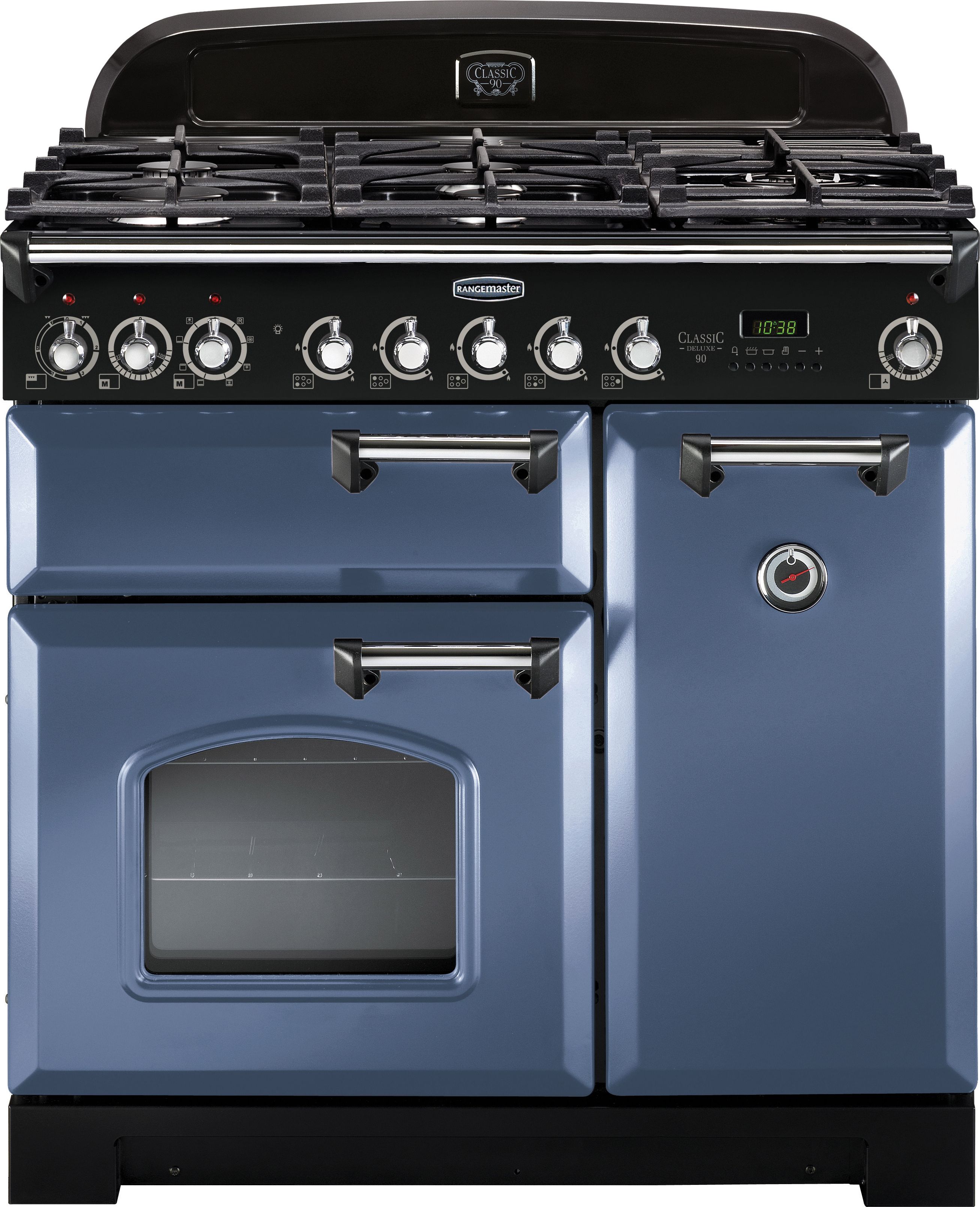 Rangemaster Classic Deluxe CDL90DFFSB/C 90cm Dual Fuel Range Cooker - Stone Blue / Chrome - A/A Rated, Blue