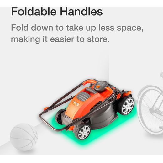 Flymo Speedi-Mo 360C Corded Lawn Mower - Orange - annotation - foldable handle shot