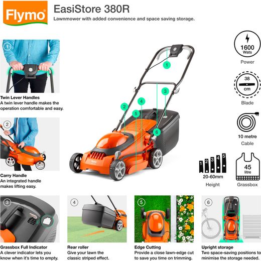 Flymo EasiStore 380R Corded Lawn Mower - Sunset Orange - annotation - feature shot