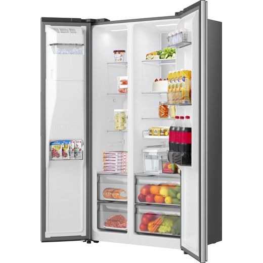 Hisense American Fridge Freezer - Silver - left perpsective with door open shot