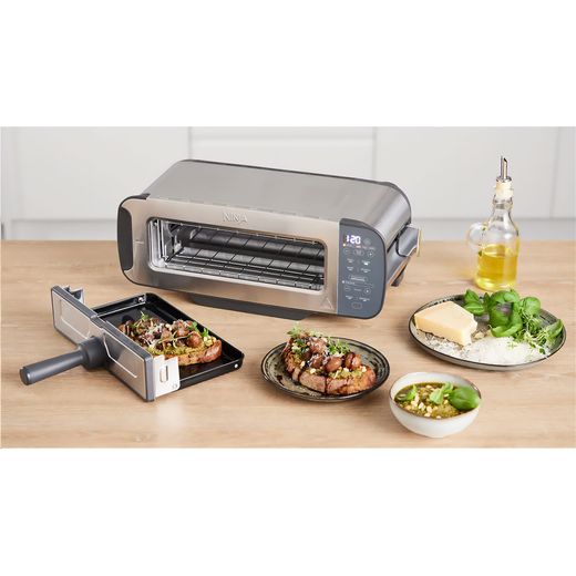Ninja Foodi 3-in-1 Toaster, Grill & Panini Press ST202UK 2 Slice Toaster - Silver - Grill on worktop with prepared food