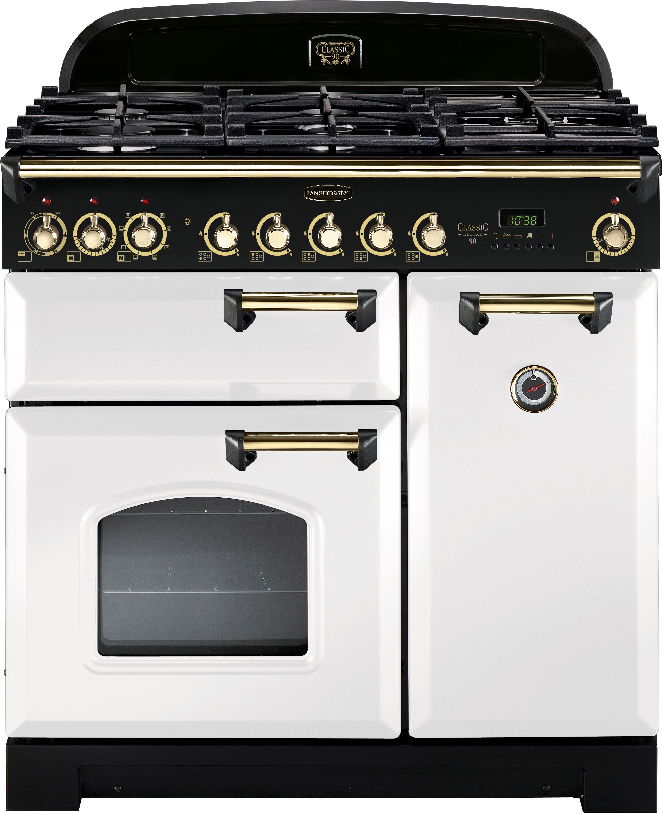 Rangemaster Classic Deluxe CDL90DFFWH/B 90cm Dual Fuel Range Cooker - White / Brass - A/A Rated, White